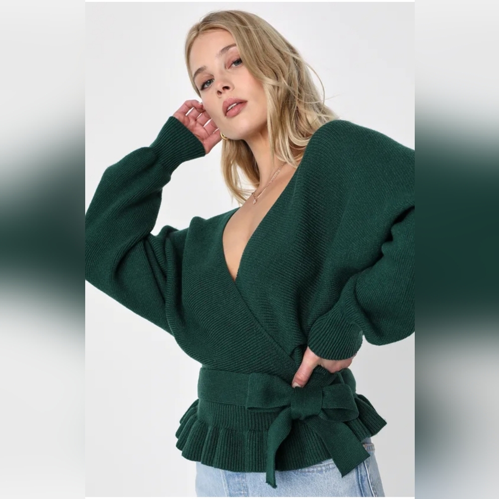 Lulus Sweet and Sophisticated Hunter Green Knit Faux-Wrap Sweater
